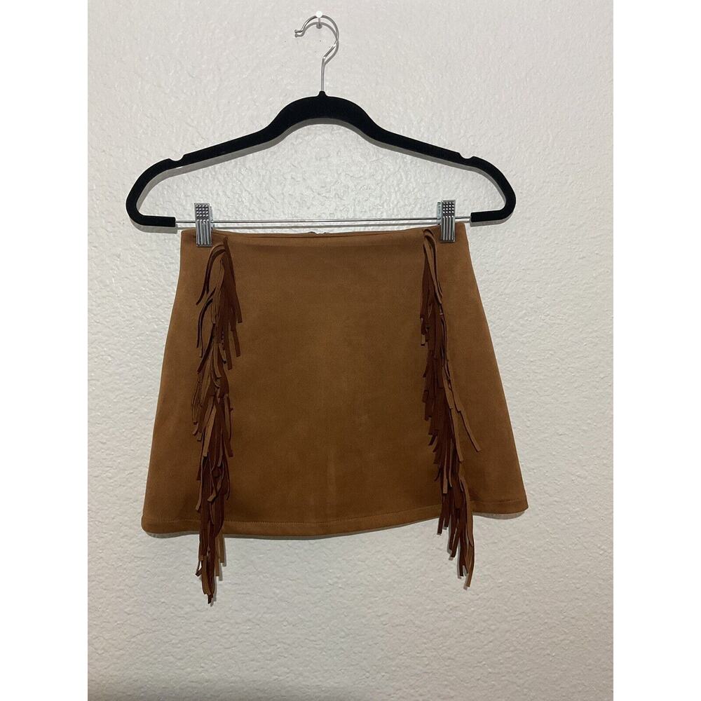 C & V Chelsea & Violet Tan Brown Faux Suede Western Skirt Fringes Zip Up Sz XS
